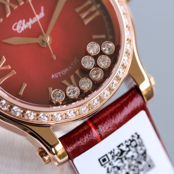HAPPY SPORT 36MM AUTOMATIC ROSE GOLD DIAMOND BEZELRED DIAL