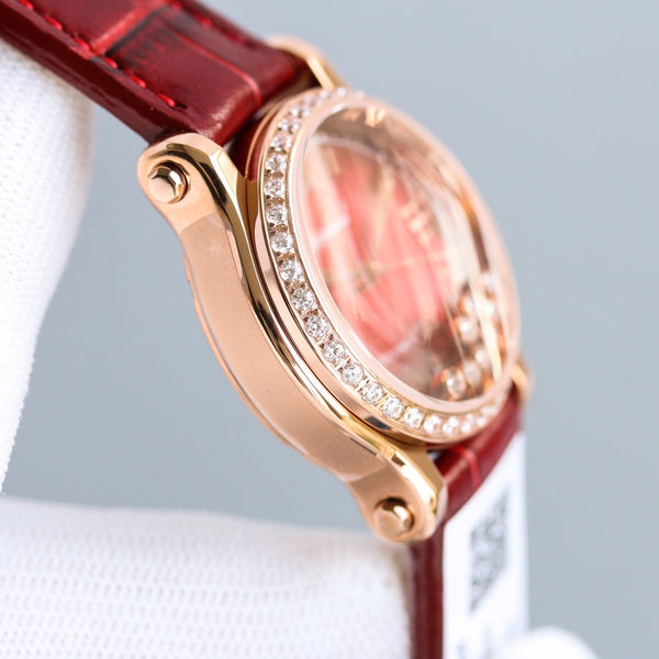 HAPPY SPORT 36MM AUTOMATIC ROSE GOLD DIAMOND BEZELRED DIAL