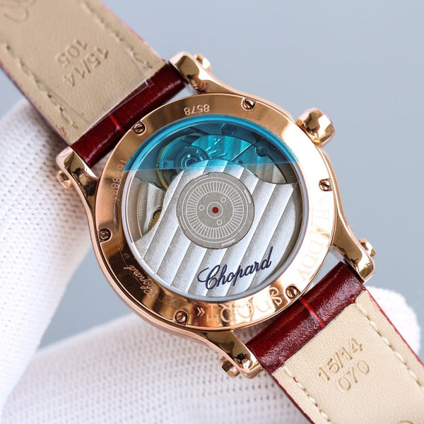 HAPPY SPORT 36MM AUTOMATIC ROSE GOLD DIAMOND BEZELRED DIAL