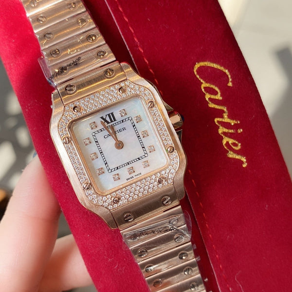 SANTOS DE CARTIE 27MM QUARZO ROSA ORO LUNETTA DIAMANTI 