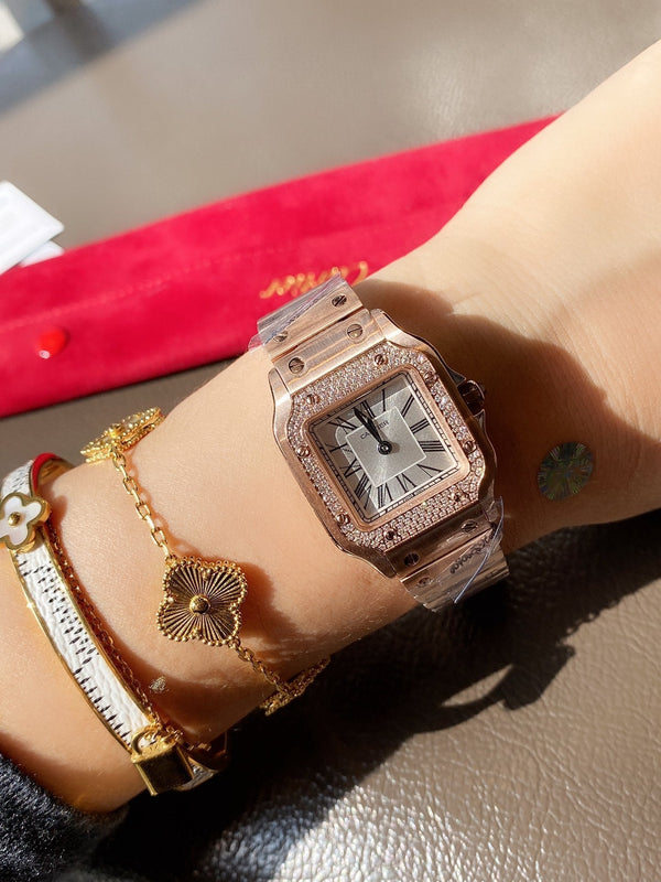 SANTOS DE CARTIE 27MM QUARZO ROSA ORO LUNETTA DIAMANTI 