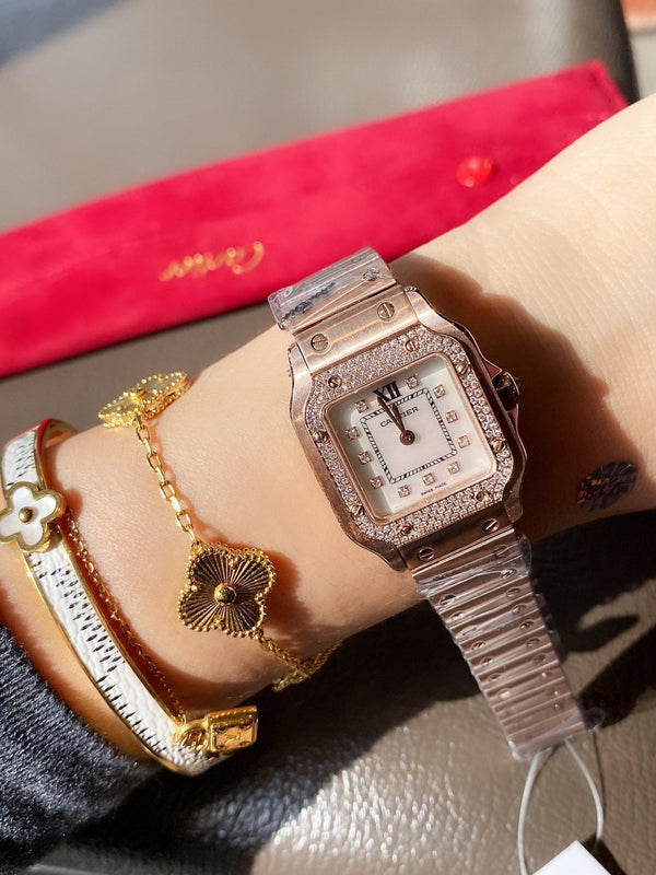 SANTOS DE CARTIE 27MM QUARZO ROSA ORO LUNETTA DIAMANTI 