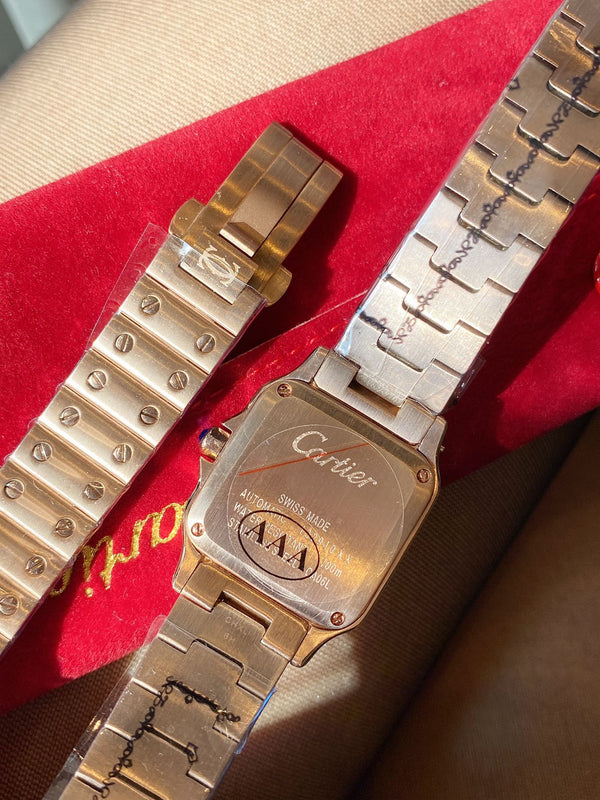 SANTOS DE CARTIE 27MM QUARZO ROSA ORO LUNETTA DIAMANTI 