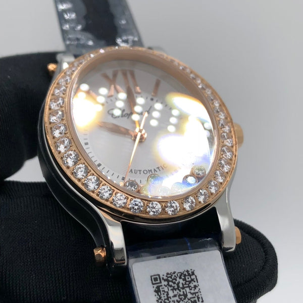 HAPPY SPORT ROSE GOLD STEEL DIAMOND BEZEL LEATHER