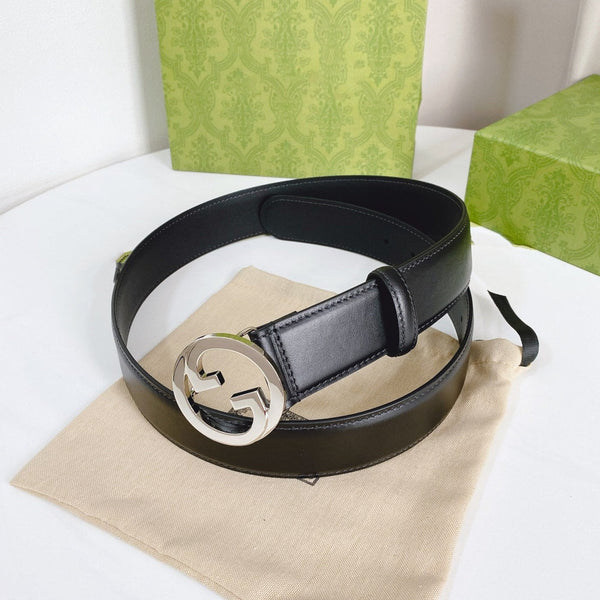 FIBBIA INTERLOCKING G ARGENTO 40MM PELLE NERA