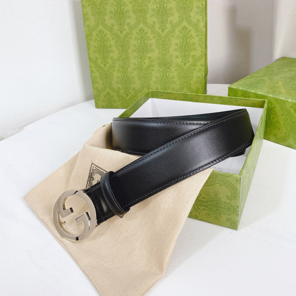 FIBBIA INTERLOCKING G ARGENTO 40MM PELLE NERA