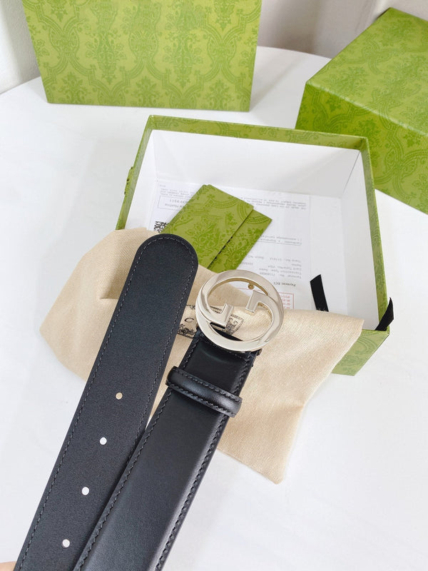 FIBBIA INTERLOCKING G ARGENTO 40MM PELLE NERA