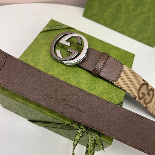 FIBBIA INTERLOCKING G NERO ARGENTO 40MM TELA BEIGE