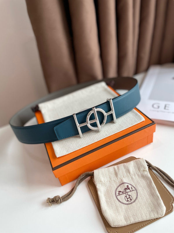 H ULYSSE BELT 38MM SILVER BUCKLE BLUE GREY LEATHER