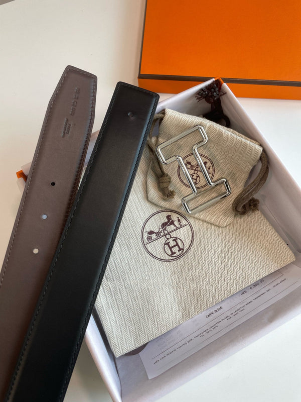 H TONIGHT BELT 38MM SILVER BUCKLE BLACK GRAPHITE LEATHER