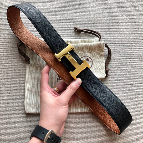 H CONTANCE BELT 38MM GOLD BUCKLE BROWN BLACK LEATHER
