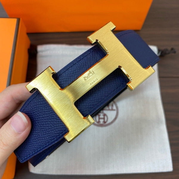 H CONTANCE BELT 38MM GOLD BUCKLE BLUE BLACK LEATHER