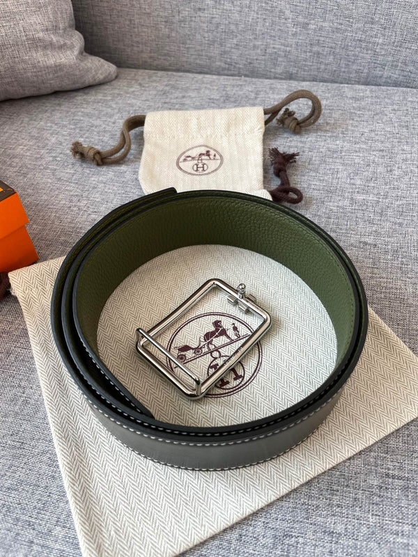 H TUBE BELT 38MM SILVER BUCKLE GREEN BLACK LEATHER