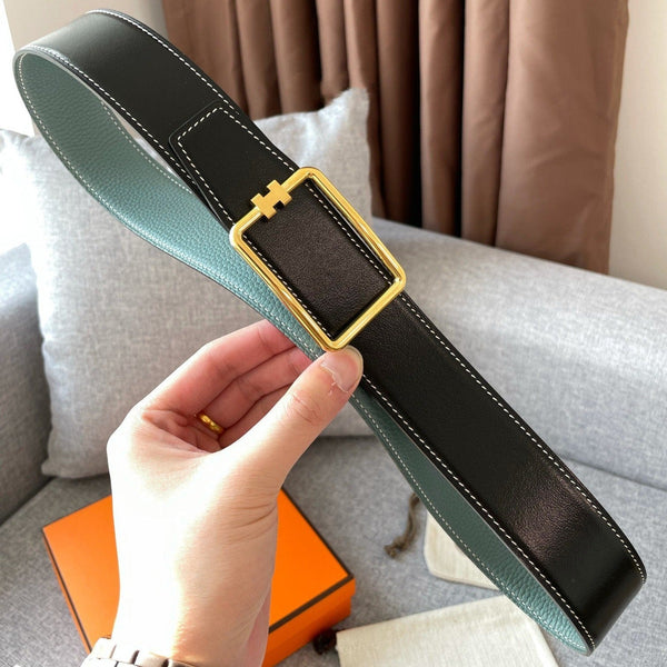 H TUBE BELT 38MM GOLD BUCKLE SKY BLUE BLACK LEATHER