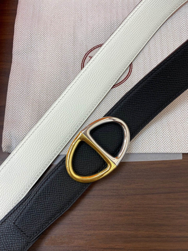 H TWIN REVERSIBLE BELT 32MM GOLD SILVER BUCKLE WHITE BLACK LEATHER