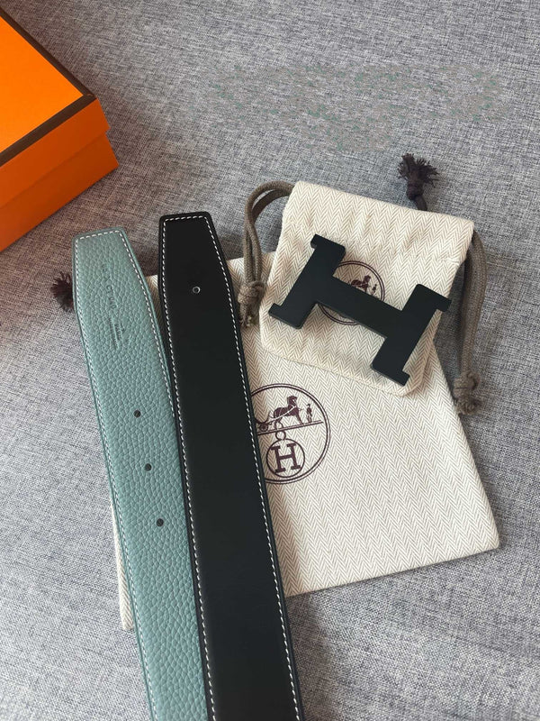 H CONSTANCE REVERSIBLE BELT 38MM BLACK BUCKLE BLACK SKY BLUE LEATHER