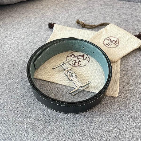 H MARIN REVERSIBLE BELT 32MM SILVER BUCKLE SKY BLUE BLACK LEATHER