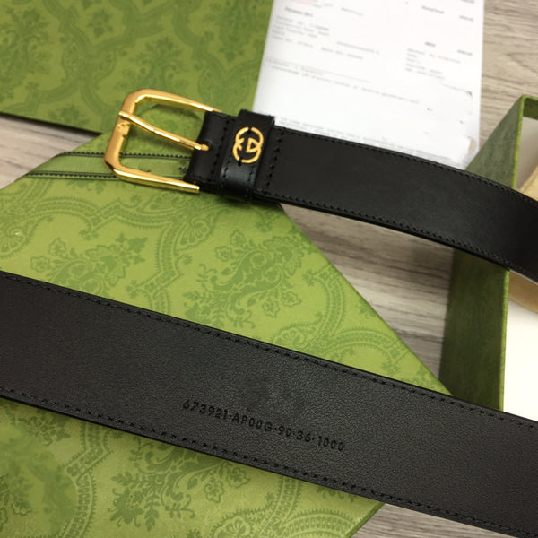 G BELT GOLD SQUARE  INSTALL  BUCKLE BLACK LEATHER 3.5CM