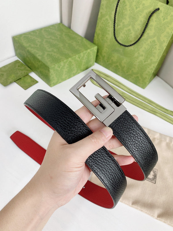 CINTURA G FIBBIA ARGENTO PELLE ROSSA NERA 3,5 CM