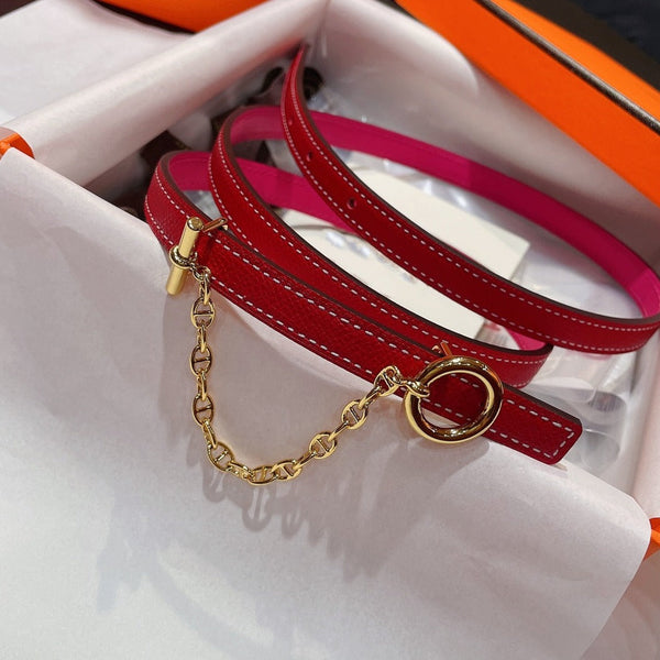 H GOLD BUCKLE WOMEN'S BELT WITH PINK RED LEATHER STRAP 1.3CM