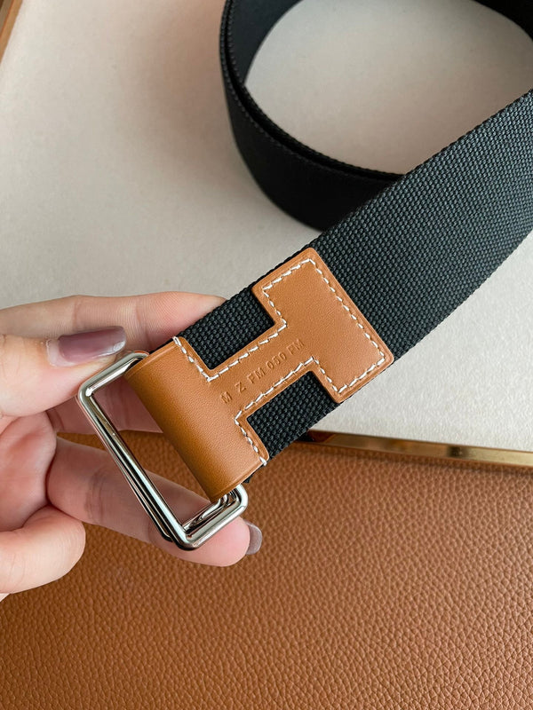 4.0CM BLACK TEXTILE  BROWN LEATHER H BELT