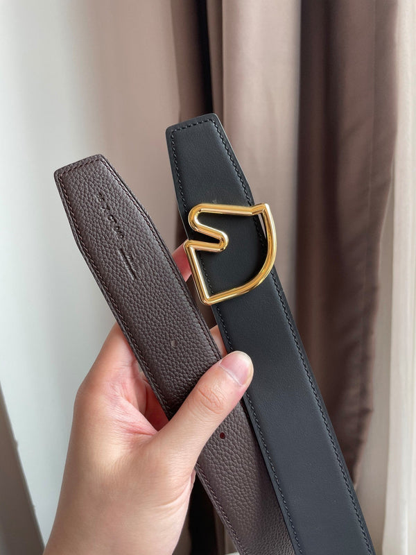 H BELT HORSE BUCKLE DARK BROWN BLACK LEATHER REVERSIBLE  3.8CM