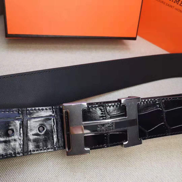 H BELT STEEL BUCKLE CROCODILE-PATTERNED BLACK LEATHER  40MM