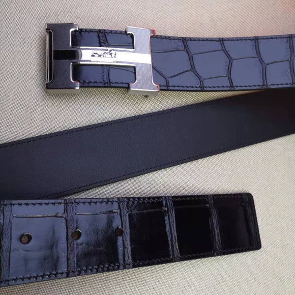 H BELT STEEL BUCKLE CROCODILE-PATTERNED BLACK LEATHER  40MM