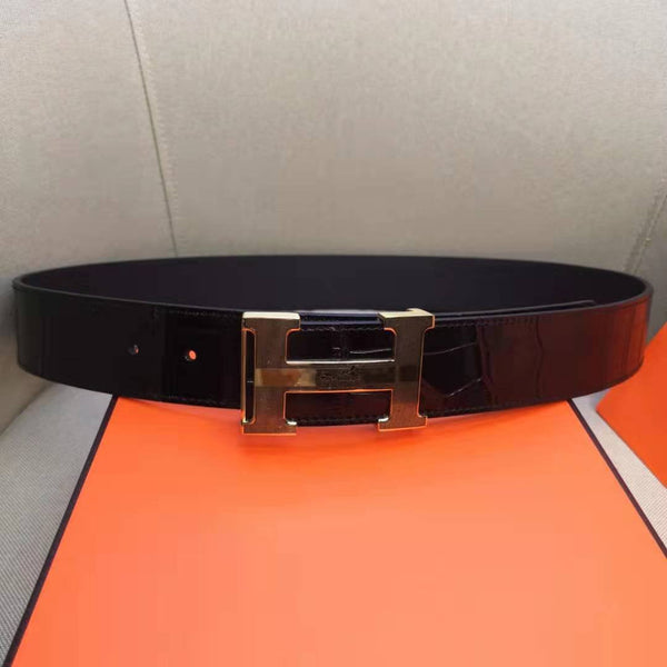 H BELT STEEL BUCKLE CROCODILE-PATTERNED BLACK LEATHER  40MM