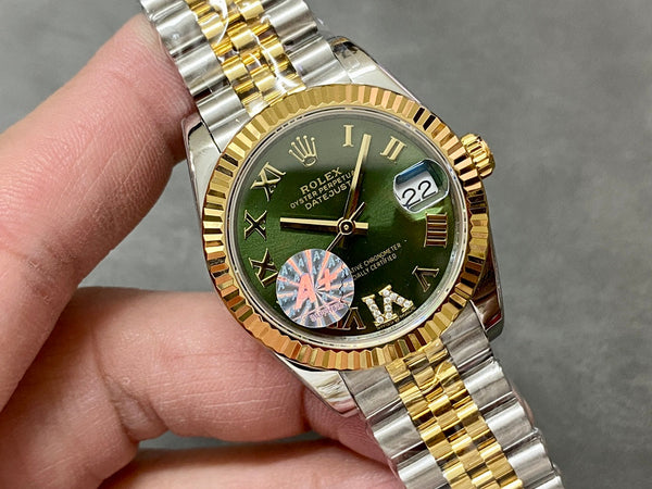 DATEJUST 36MM GOLD STEEL DIAMOND NUMERALS GREEN DIAL
