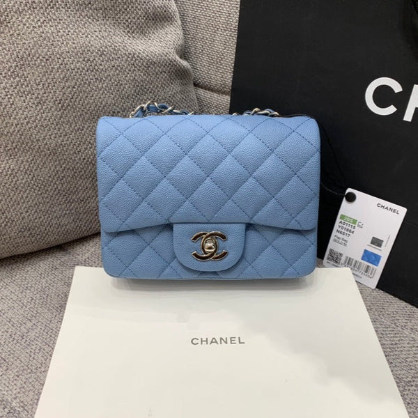 MINI SQUARE FLAP BAG 17CM BLUE CAVIAR SILVER HARDWARE