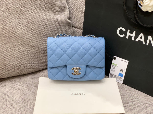 MINI SQUARE FLAP BAG 17CM BLUE CAVIAR SILVER HARDWARE