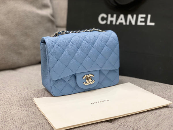 MINI SQUARE FLAP BAG 17CM BLUE CAVIAR SILVER HARDWARE