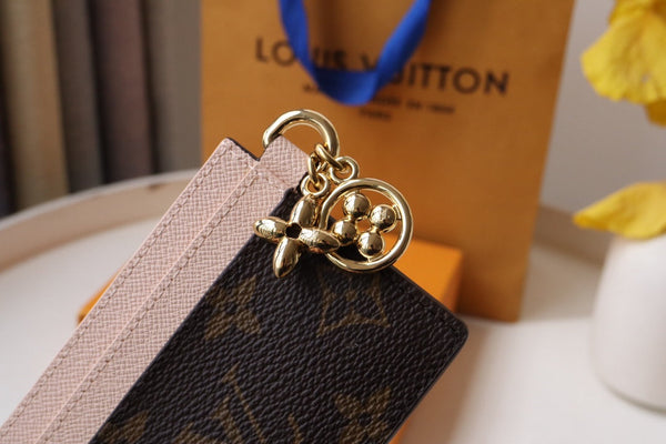 CHARM CARD HOLDER BROWN PINK MONOGRAM CANVAS