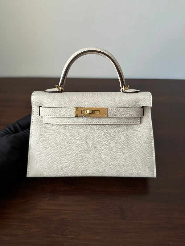 HM KELLY MINI 20 WHITE EPSOM GOLD HARDWARE