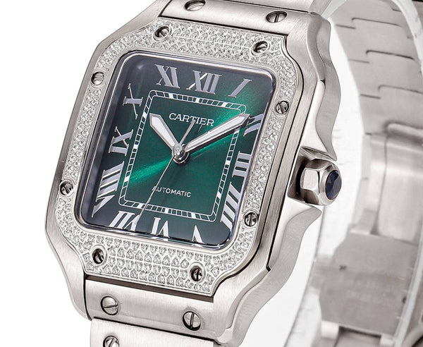 SANTOS LADY 35,1 MM CASSA IN ACCIAIO QUADRANTE VERDE SCURO LUNETTA DIAMANTI 