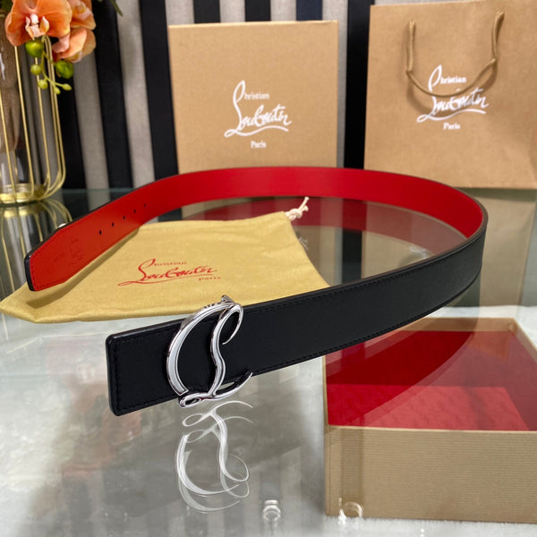 CL Logo Belt with Silver Buckle Black Red Cowhide