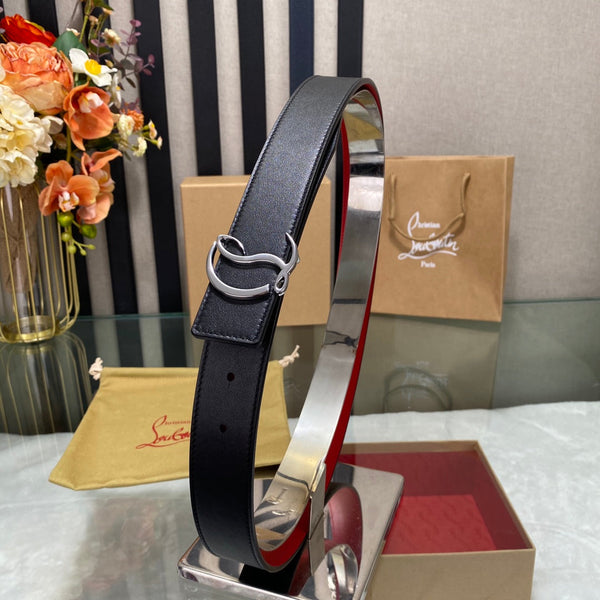 CL Logo Belt with Silver Buckle Black Red Cowhide
