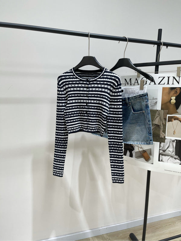 LV Four-Leaf Clover Short Cardigan Black and White Stripes Wool 285507