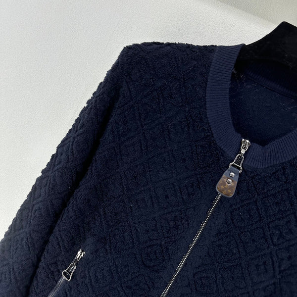 LV Embossed Long-Sleeved Cardigan in Navy Blue Wool 271049