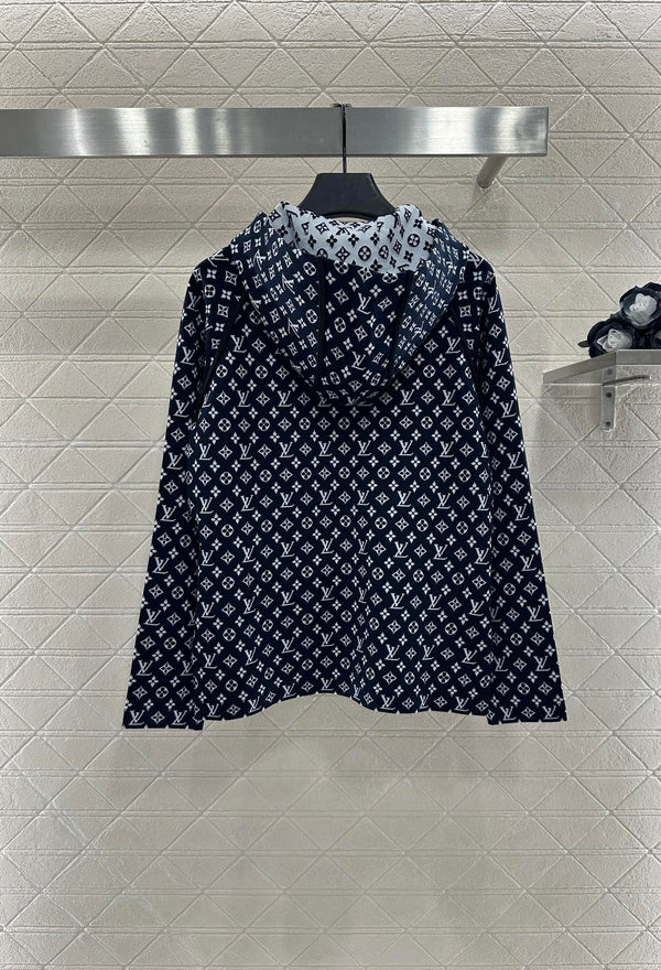 LV25 Patchwork Jacquard Hooded Jacket in Navy Blue Mulberry Silk 294493