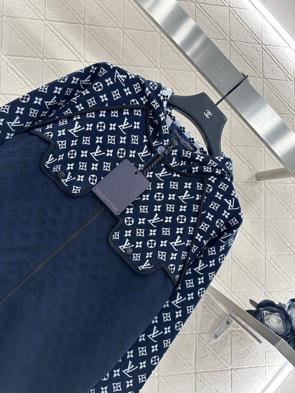 LV25 Patchwork Jacquard Hooded Jacket in Navy Blue Mulberry Silk 294493