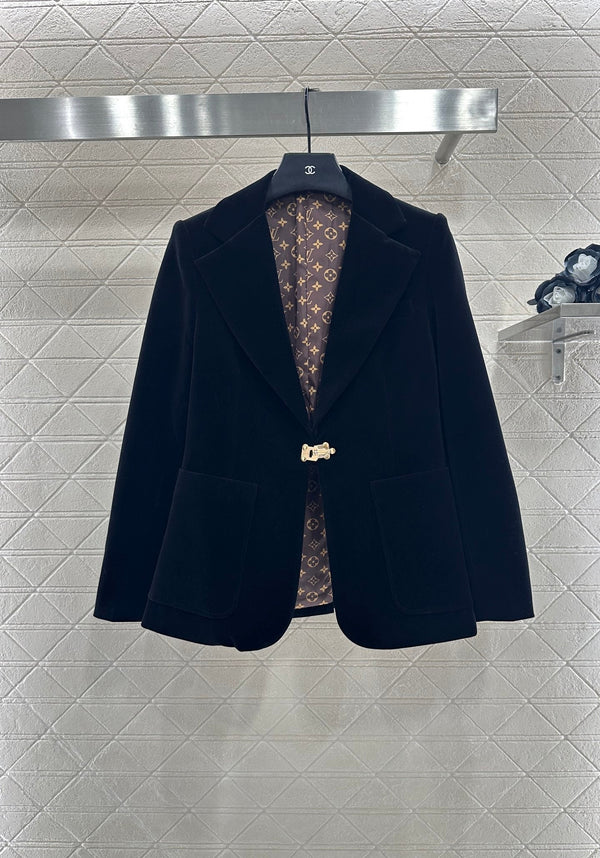 LV25 Gold-Button Lapel Suit Jacket Black Velvet 294490