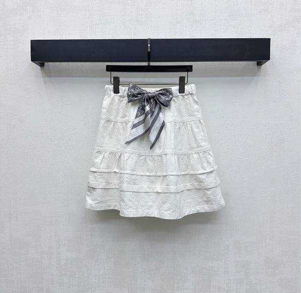 LV25 Embossed Denim Scarf Skirt White Grey Cotton 291767
