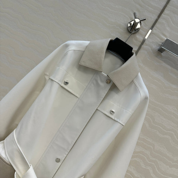 HM 25S Majia H-Belt Coat in White Goatskin