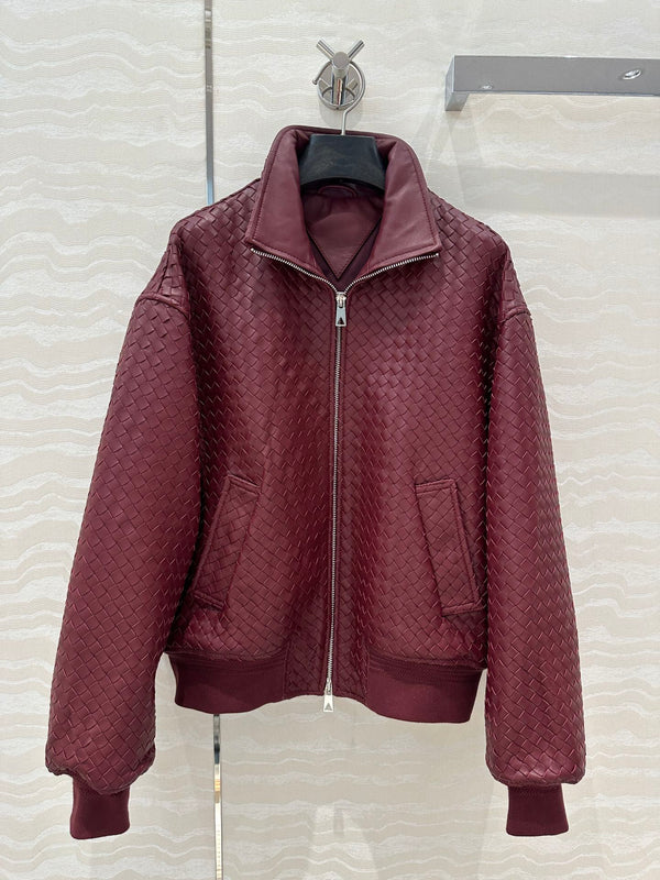 BV Double-Zip Baseball Jacket in Burgundy Lambskin