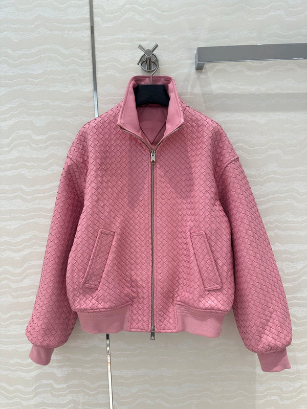 BV Double-Zip Baseball Jacket in Pink Lambskin