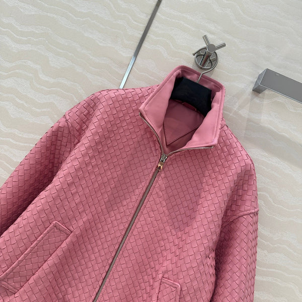 BV Double-Zip Baseball Jacket in Pink Lambskin