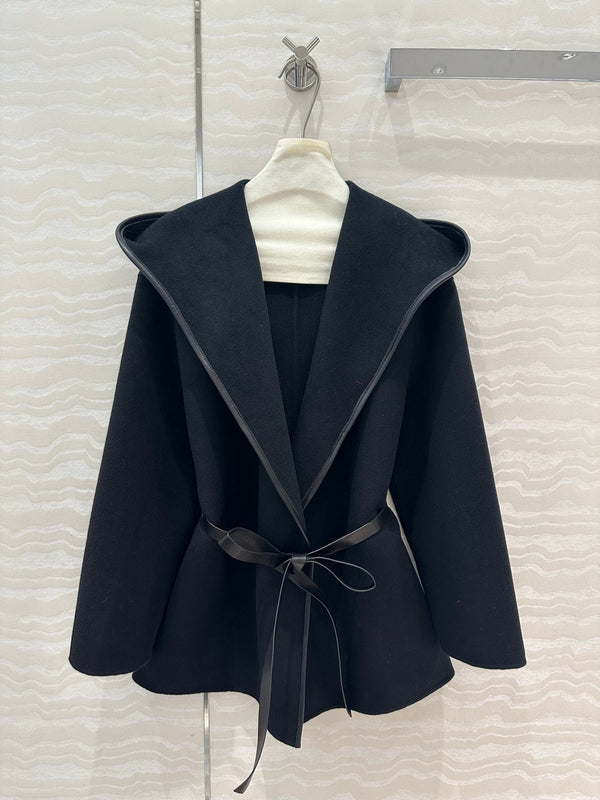 BV Hooded Leather Belt Coat in Black Cashmere