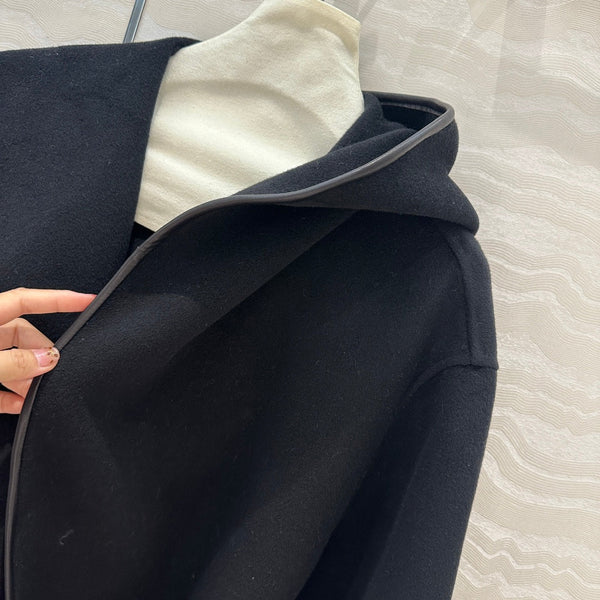 BV Hooded Leather Belt Coat in Black Cashmere